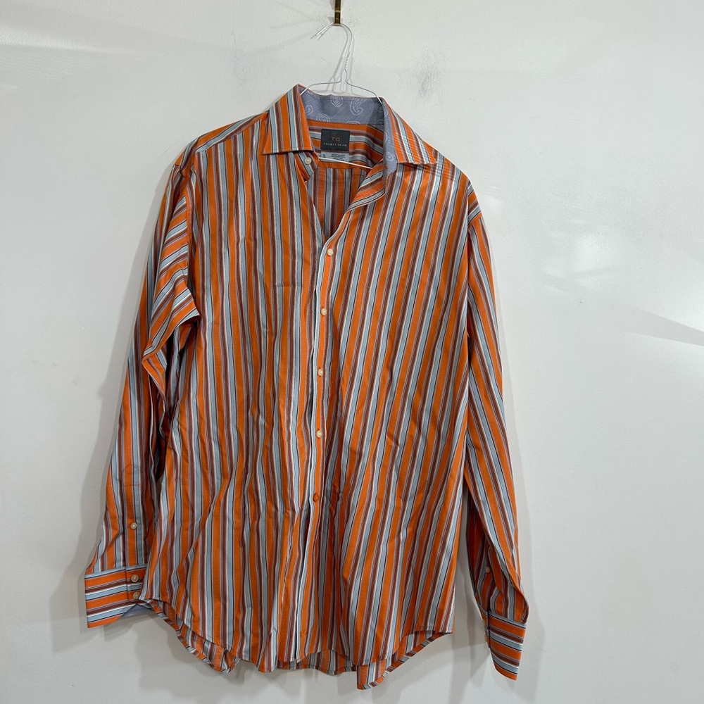 Thomas Dean Orange and Grey Striped Button Down Shirt Men’s Size XL